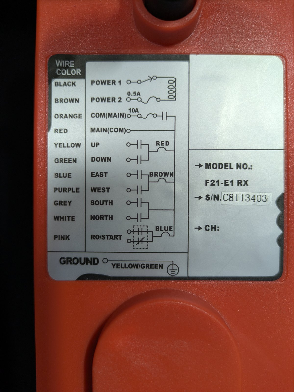 Receiver wiring guide showing per-command relay outputs